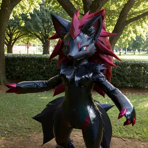 ultra detailed), a beautiful and detailed full body photo of a very realistic kawaii zoroark fursuit. the zoroark fursuit is mad...