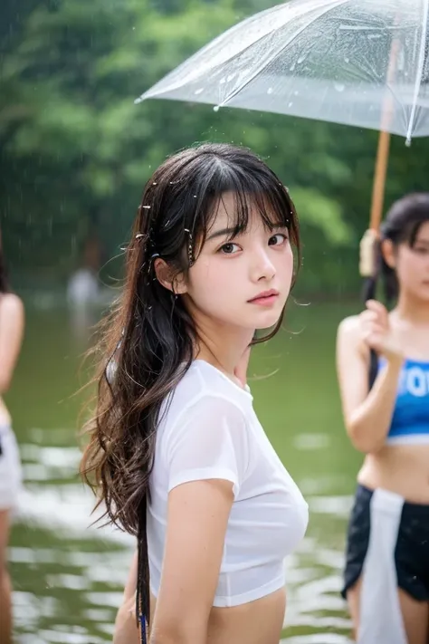 ８K masterpiece,highest quality,(realistic:1.2),(Upper body:1.1),(looking at the viewer:1.3),W3T,wet t-shirt,(beautiful face:1.2),long hair,(sweaty skin:1.2),(scatter:1.2),(Heavy rain storm:1.2),A trio of idol-like young faces,Small beautiful breasts,small ...