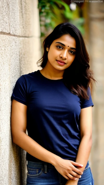 indian woman, deep neck t shirt, short jeans