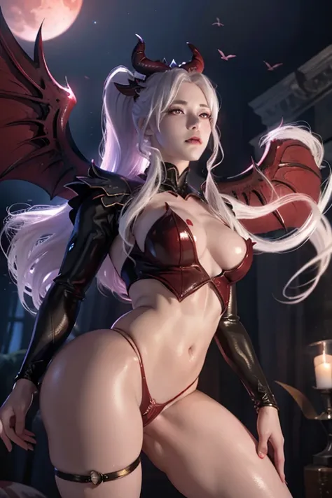 With a spear and wings、Evil anime Valkyrie in blood red Valkyrie underwear, It flies in the sky, Bat, blood red eyes, Blood Moon on Background, mika kurai demon, Shalltear Bloodfallen, official character art, Valkyrie Night Girl, gisha devil, fuchsia skin ...