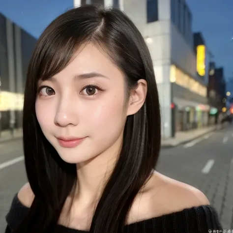 (kawaii 24 year-old Japanese girl, Nogizaka idol, Korean idol), (glossy black hair, pixie cut:1.3), (rounded face, single eyelid, no makeup, soft smiling:1.2), forehead, (wearing off-shoulder knitted onepiece sweater:1.3), (well shaped extra small breasts)...