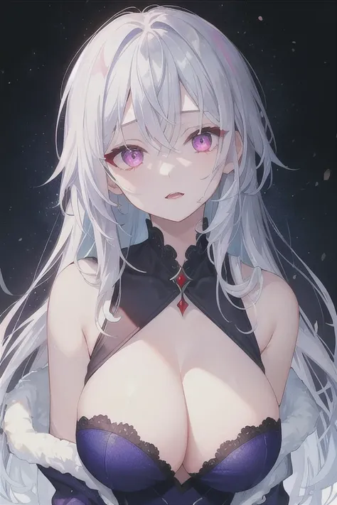 ((highest quality)), ((masterpiece)), (be familiar with), perfect face、silver hair、slanted eyes、pink eyes、vampire、cold look、big breasts、indigo dress、darkness