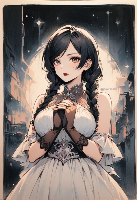 Lin Mingmei, 1 girl, alone, monochrome, braid, looking at the audience, skirt, long hair, traditional media, sign, Bangs, cosmetic, Put your hands together, black hair, Upper body, lipstick, drill hair, artist name, twin braids, bridal gloves, sleeveless