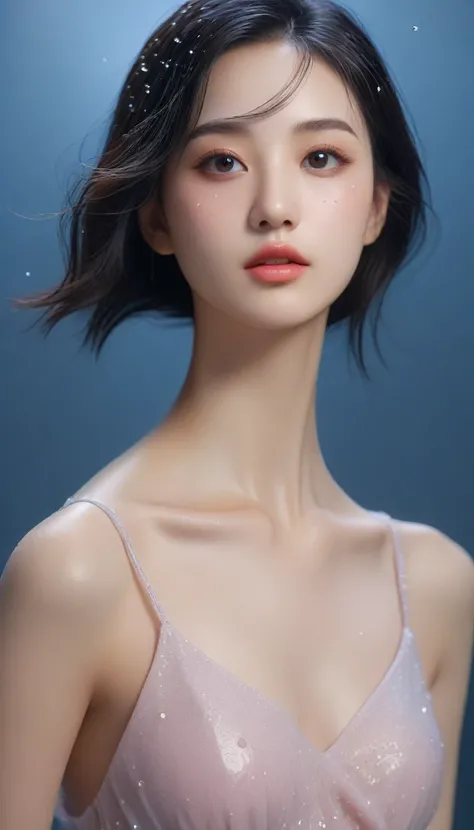 Realistic style film, dreamy background, a super beautiful Chinese-American girl, realistic, delicate and exquisite facial features, realistic, large European-style eyes, realistic, blue-gray iris, realistic, cherry small mouth, realistic, pearl pink lip g...