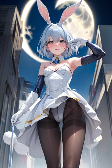 highest quality, 1 girl, light blue hair, (black eye:1.2), ((Bunny girl))、((leotard))、((happy look))、((full moon))、(((pantyhose)))、((short hair hair))、((white long gloves))、((open your legs))、((Bunny ears))、((Tierra))、((heart mark, The toes are growing, bl...