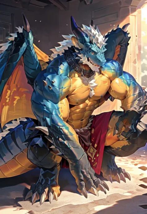 alone, (muscular), (Male human dragon):1.3, Bright scales, (Kamimei):1.3, (Common:1.4) (prayer):1.23, (，Wearing a short white loincloth）, exquisite eyes, lizard tail,A pair of dragon horns, A pair of dragon wings, (exquisite eyes，stripe，sharp claws，Cute an...