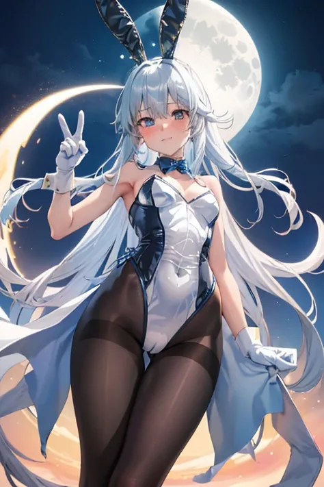 highest quality, 1 girl, light blue hair, (black eye:1.2), ((Bunny girl))、((leotard))、((happy look))、((full moon))、(((pantyhose)))、((white long gloves))、((open your legs))、((Bunny ears))、((Tierra))、((heart mark, The toes are growing, blush, seen from below...