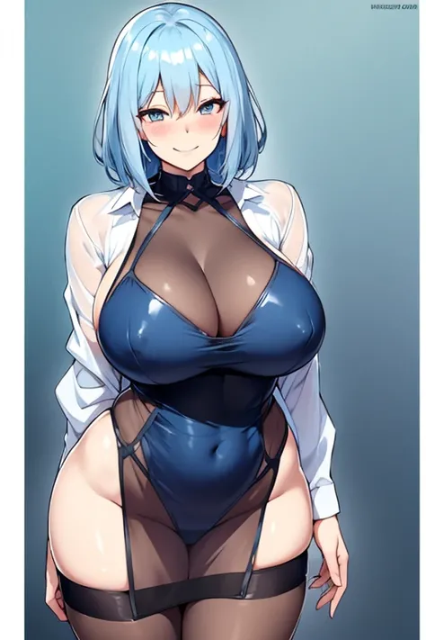 Huge breasts, sheer clothing, pale blue hair, smiling, blushing