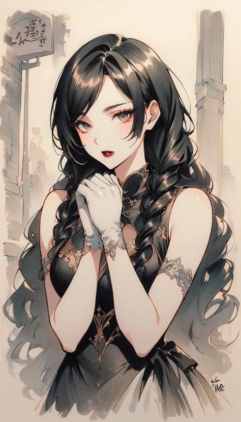 Lin Mingmei, 1 girl, alone, monochrome, braid, looking at the audience, skirt, long hair, traditional media, sign, Bangs, cosmetic, Put your hands together, black hair, Upper body, lipstick, drill hair, artist name, twin braids, bridal gloves, sleeveless