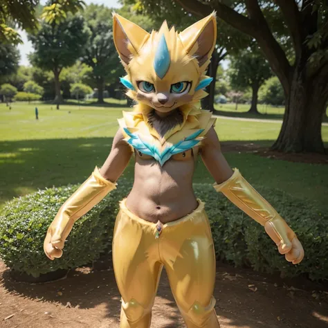 ultra detailed), a beautiful and detailed full body photo of a very realistic kawaii Zeraora fursuit. The Zeraora fursuit is made of glossy latex that gives it a shiny appearance, perfectly complementing the adorable smile on its face. The photo is taken o...