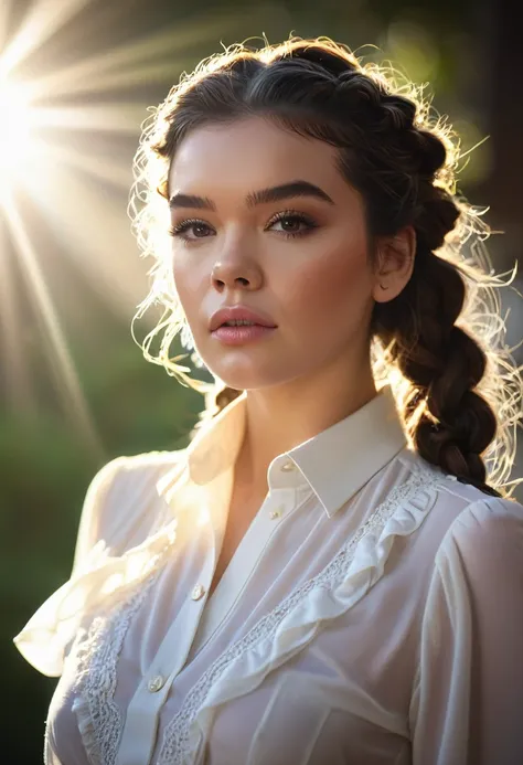 Hailee Steinfeld, Beautiful Woman, players perspective, Lens Flare, f/2.8, 50mm, Leica, Braids, (Masterpiece, Top Quality, High Resolution:1.4), 1 girl, 30 years old,  breasts, angel, abs, skin pore texture, wavy shoulder length hair, HD 4K, 8K, photo, cin...