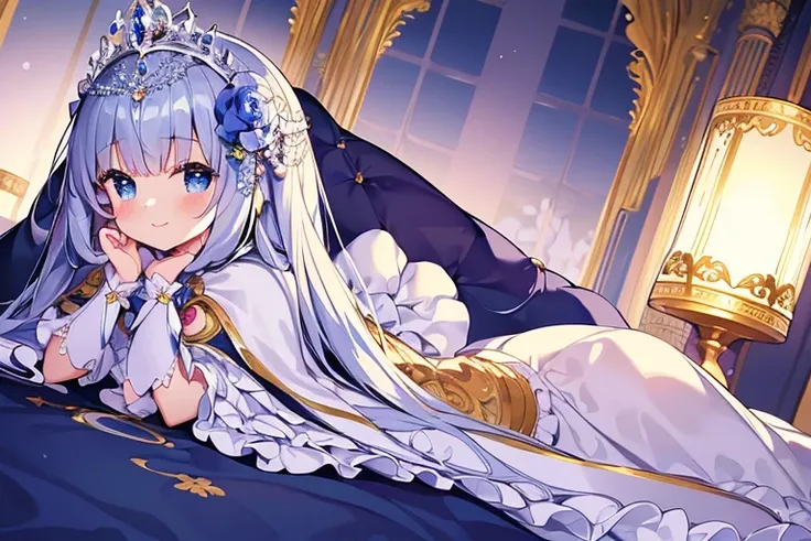 (kawaii),(masterpiece),(best quality),(ultra detailed), upper body, rococo style,(long train deep blue cape:1.15),(very long cape),(long train white ball gown with flower decorations:1.05), a girl is wearing a cape over her gown, 1 little princess, tiara, ...