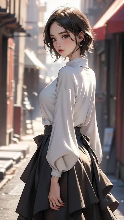 (Highly detailed CG unit 8k wallpaper, masterpiece, High resolution, highest quality), A cool NY fashion girl influenced by nostalgic and inorganic mode fashion., short hairstyles, detailed costume, Layered maxi skirt and crew neck pullover sweater combina...