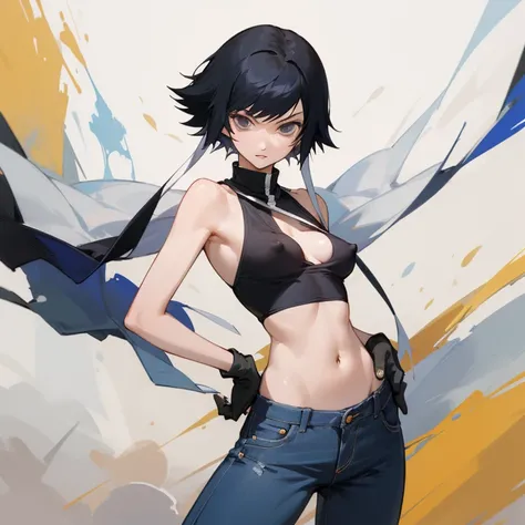 ((highest quality)), ((masterpiece)), (be familiar with), BLEACH,Soi Fon, 1 girl, alone, black hair, Black clothes,jeans, Slender,slender,short hair with long locks, short hair, erect nipples, small breasts, No bra, gloves, put your hand on your waist