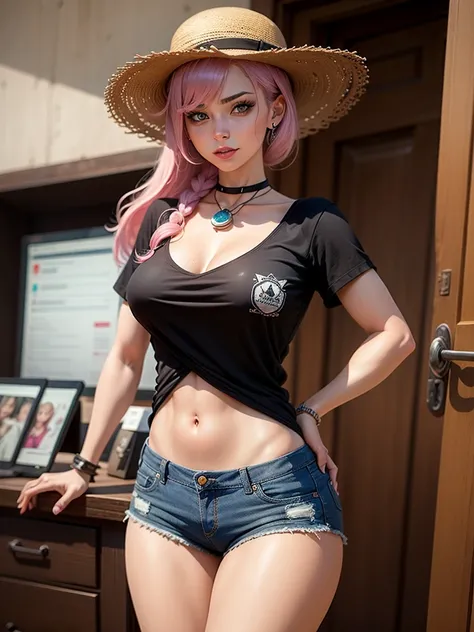 Gwen Tennyson,marcador,y&#39;shtola rhul,Yorha 2b,vigiar,nier automaton,piloto mecha,rancho,tatuagens,orange and pink jumpsuit,white short sleeve ranchoer top,micro shorts jeans,barriga descoberta,cabelo curto,maquiagem punk,olhos verdes,cabelo prateado mu...