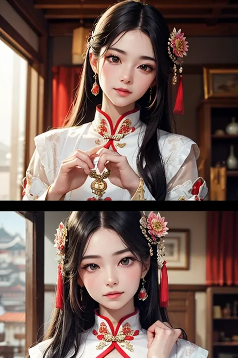 (a timely capturing),black hair,beautiful detailed eyes,detailed lips,Chinese traditional girl,traditional outfit,playful,a bit rough,traditional hairstyle,traditional accessories,graceful posing,delicate embroidery,exquisite craftmanship,vivid colors,cult...