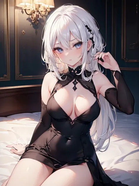 ((beautiful lighting, Best quality, 8K, Masterpiece: 1.3)), 1girl, Perfect body beauty, ((white hair)), ((black dress: 1.4)), (Indoor , night: 1.1), sexy pose (lie on the bed), Super Fine Face, Fine Eyes, naughty look