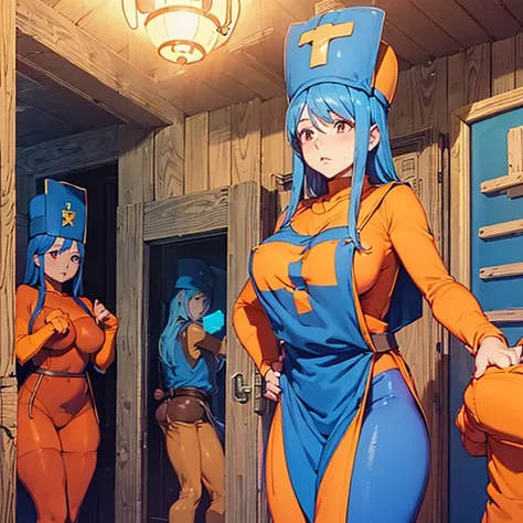 (game CG), From before, cowboy shot, chest focus, (2 boys:1.2) and (1 girl), hetero, (priest(dq3):1.3), (zentai, body stockings), blue long apron, Apron over full body tights, apron over body stockings, blue hair, small breasts, (Chest grab:1.4), (girl is ...