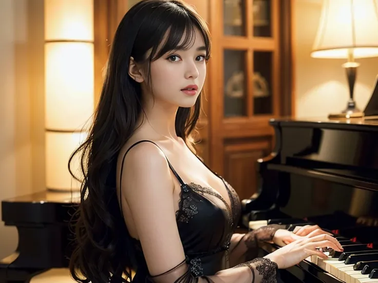 (1 girl)、best quality、masterpiece、ultra high resolution、(Photo realism:1.4)、original photo,there is a woman that is playing a pianoin a room, playing piano, piano家, pianoin the background, (客廳內1 girl面向黑色的piano、Straight, black hair、Delicate hair details)、(客...