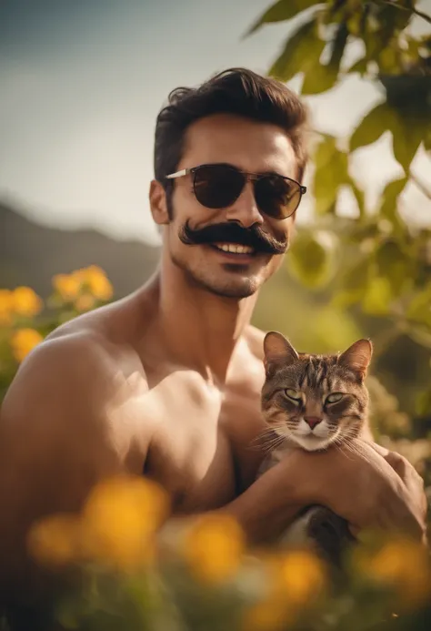 Handsome  moustache arap guy tall thin shirtless bikini showing armpit hug a cat sunglasses happy nature flowers 