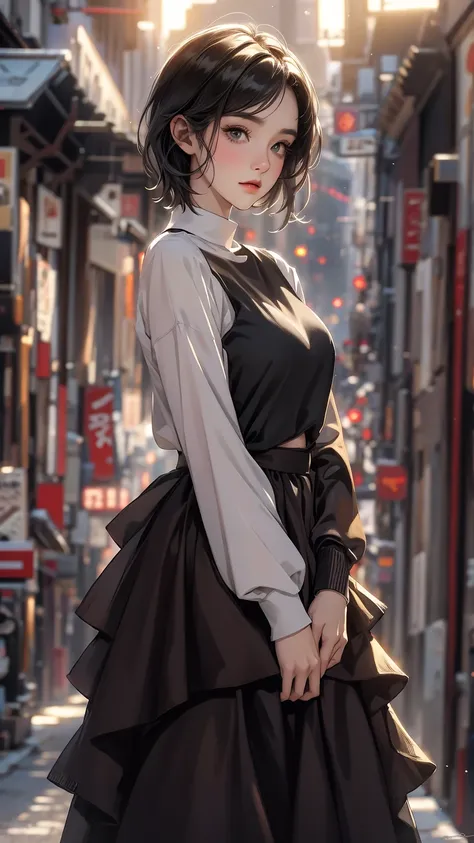 (Highly detailed CG unit 8k wallpaper, masterpiece, High resolution, highest quality), A cool NY fashion girl influenced by nostalgic and inorganic mode fashion., short hairstyles, detailed costume, Layered maxi skirt and crew neck pullover sweater combina...