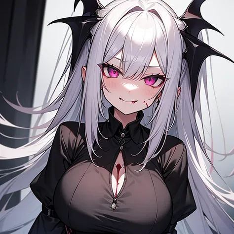 silver hair、sharp eyes、pink eyes、vampire、Ruthless smile、sticking out tongue、Blood on the face、black dress、big breasts、darkness、Aggressive、Insanity、murderous intent、cool、Halloween