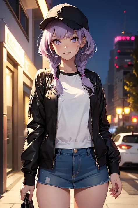 ((1 girl)), latest trend clothes, neon color fashion, Street fashion,Oversized jackets, denim mini skirt,cap, cowboy shot,((Super detailed,highest quality, High resolution, 8k wallpaper, beautiful clothes,)),((light purple hair, shortcut,braided hair,)) (p...