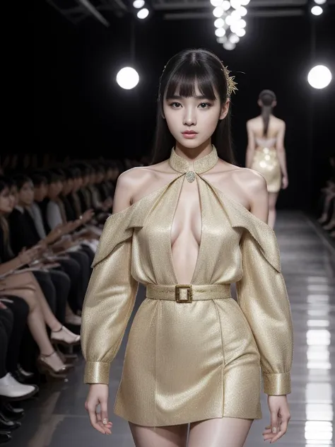 (8k, highest quality, ultra detailed:1.37), (Hana), 18yo, (a South Korean fashion model), struts confidently on the runway during a prestigious fashion week event. Dressed in a stunning designer ensemble, Hanas elegance and poise captivate the audience. Th...