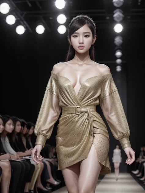 (8k, highest quality, ultra detailed:1.37), (Hana), 18yo, (a South Korean fashion model), struts confidently on the runway during a prestigious fashion week event. Dressed in a stunning designer ensemble, Hanas elegance and poise captivate the audience. Th...