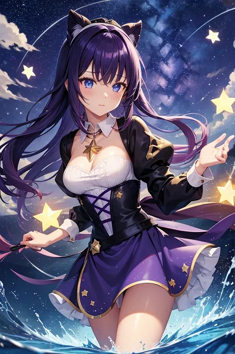 girl, Located in the corner, looking at the Sky, alone, Mona (Genshin Impact), collar, hair between eyes, Star (symbol), long hair, dark purple hair, Double tail, blue eyes, shining eyes, jewelry, witch, maid, Bangs, Purple black dress, Purple skirt, white...