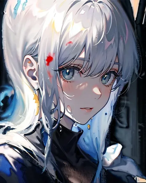 A stunningly beautiful young woman in an apocalyptic, devastated world, beautiful silver hair, Camouflage pattern combat suit, Portrait by Willem Henraets, watercolor, Wet-on-wet and splatter techniques, in the center, perfect composition, abstraction, sur...