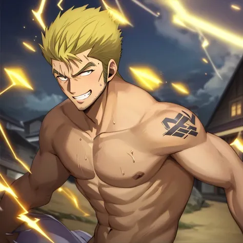 (((best quality, high resolution, masterpiece, best quality))),anime screencap, 1boy, muscular male, sweaty, masterpiece, depth ...