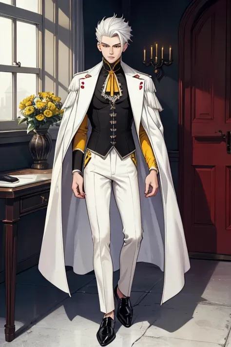 male, silver hair, red eyes, handsome, (((1boy))), (((white gothic coat with yellow trim))), (black shirt), (white pants), (black dress shoes), slightly muscular, long legs