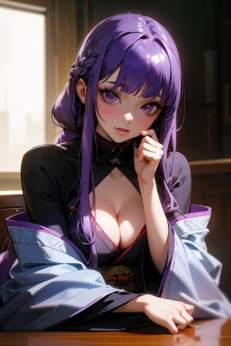 1 girl, dull bangs, Braid, wide sleeve, hair ornaments, kimono, red obi, (purple hair:1.2), very long hair, straight hair, looking at the viewer, highly detailed background, (realistic:1.2), fine eyes, red eyeshadow, written boundary depth，thigh, (Ulzzang-...