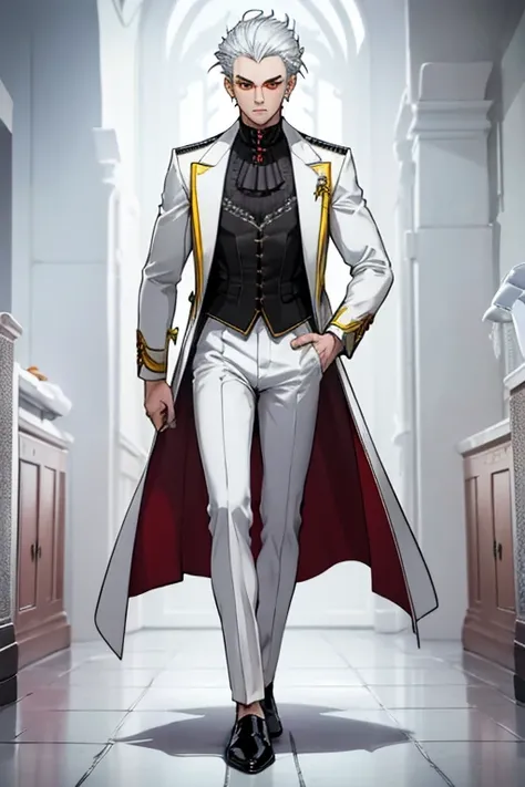 male, silver hair, red eyes, handsome, (((1boy))), (((white gothic coat with yellow trim))), (black shirt), (white pants), (black dress shoes), slightly muscular, long legs