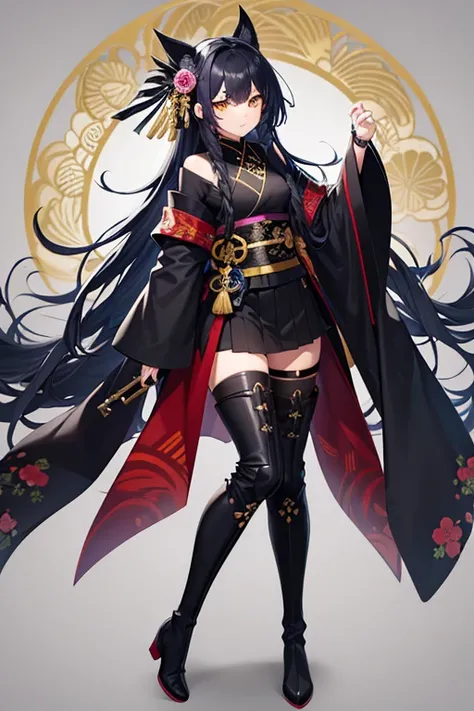 highest quality, black mask, black kimono with floral pattern, Loosely wavy long blue hair, yellow eyes, Knee-high boots, handgun