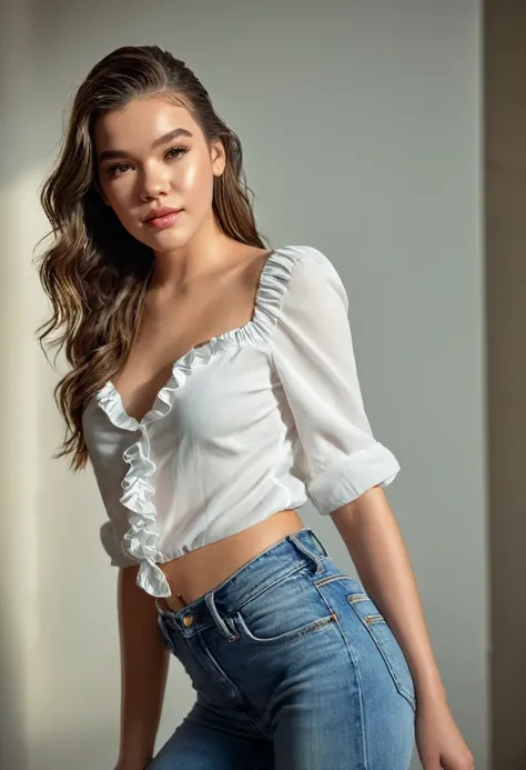 Hailee Steinfeld, Beautiful Woman, players perspective, Lens Flare, f/2.8, 50mm, Leica, Braids, (Masterpiece, Top Quality, High Resolution:1.4), 1 girl, 30 years old, tall thin beautiful goddess, full body cute young lady, pretty face with arms and legs, l...