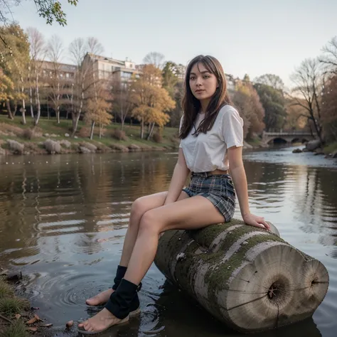 A cute girl sits on the bank of a river under a birch tree