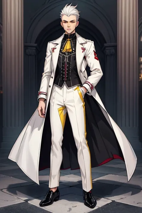 male, silver hair, red eyes, handsome, (((1boy))), (((white gothic coat with yellow trim))), (black shirt), (white pants), (black dress shoes), slightly muscular, long legs