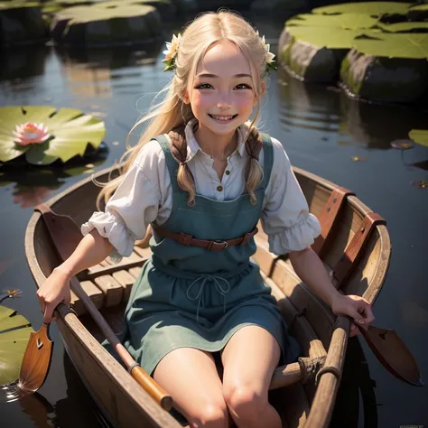 High definition, realistic, a , in fishermens clothes, with her face in her hands, smiling. cute, small canoe, dragonfly, lotus, 