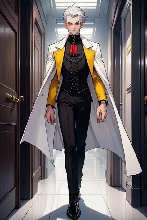 male, silver hair, red eyes, handsome, (((1boy))), (((white gothic coat with yellow trim))), (black shirt), (white pants), (black dress shoes), slightly muscular, long legs