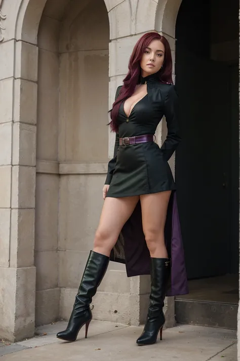 one beautiful women, ankle boots, black high heel stilettos, wearing: purple and green military uniform, full body view, extrem long hair, cleavage, extrem short skirt, Burgundy red hair,