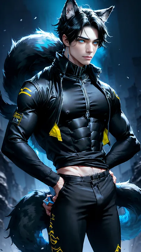 Ears wolf, boy, wolf, sexy, ABS definition, wolf muscle, men young, pose sexy, ((eyes blue & yellow)), ((Black hair)), ((tail Black wolf)), Black pants