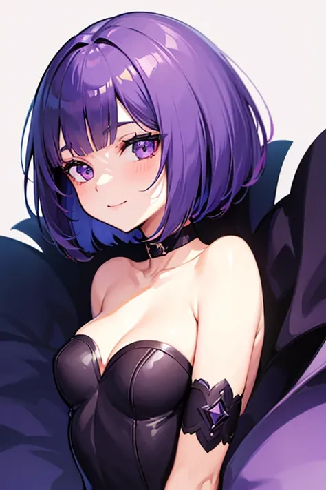 Anime-style portrait of a girl with a violet bob cut making eye contact with the camera, bright eyes, subtle smile, minimalistic background to emphasize character, high contrast, clean lines, digital painting, vivid colors, medium