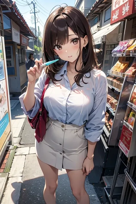 Best Quality, masutepiece, beautiful mature women、Beautiful face、Strong-minded woman、Office Suits、brown haired、Brown-eyed、Longhaire、Undersized eyes、Full body like、In front of a convenience store、outside of house、Eating popsicles
