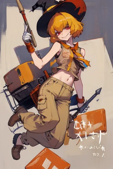 ((highest quality)), ((masterpiece)), (be familiar with),Clementine,Overload,{{nsfw}},Sleeveless shirt,pants,bewitching smile,Khaki shoes