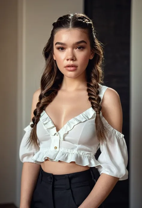 Hailee Steinfeld, Beautiful Woman, players perspective, Lens Flare, f/2.8, 50mm, Leica, Braids, (Masterpiece, Top Quality, High Resolution:1.4), 1 girl, 30 years old, large breasts, angel, abs, skin pore texture, HD 4K, 8K, photo, cinematic, full body, rea...