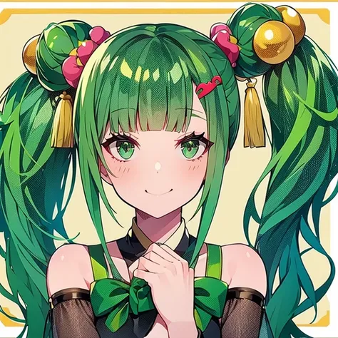 green hair,1 woman,twin tails,hair ornaments,