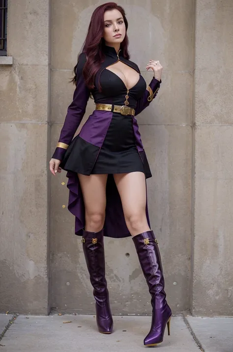 one beautiful women, ankle boots, black high heel stilettos, (wearing: tight uniform, colours: purple and gold, military style), full body view, extrem long hair, cleavage, extrem short skirt, intensiv Burgundy red hair,