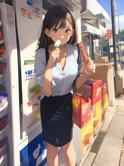 Best Quality, masutepiece, beautiful mature women、Beautiful face、Strong-minded woman、Office Suits、brown haired、Brown-eyed、Longhaire、Undersized eyes、Full body like、In front of a convenience store、outside of house、Eating popsicles
